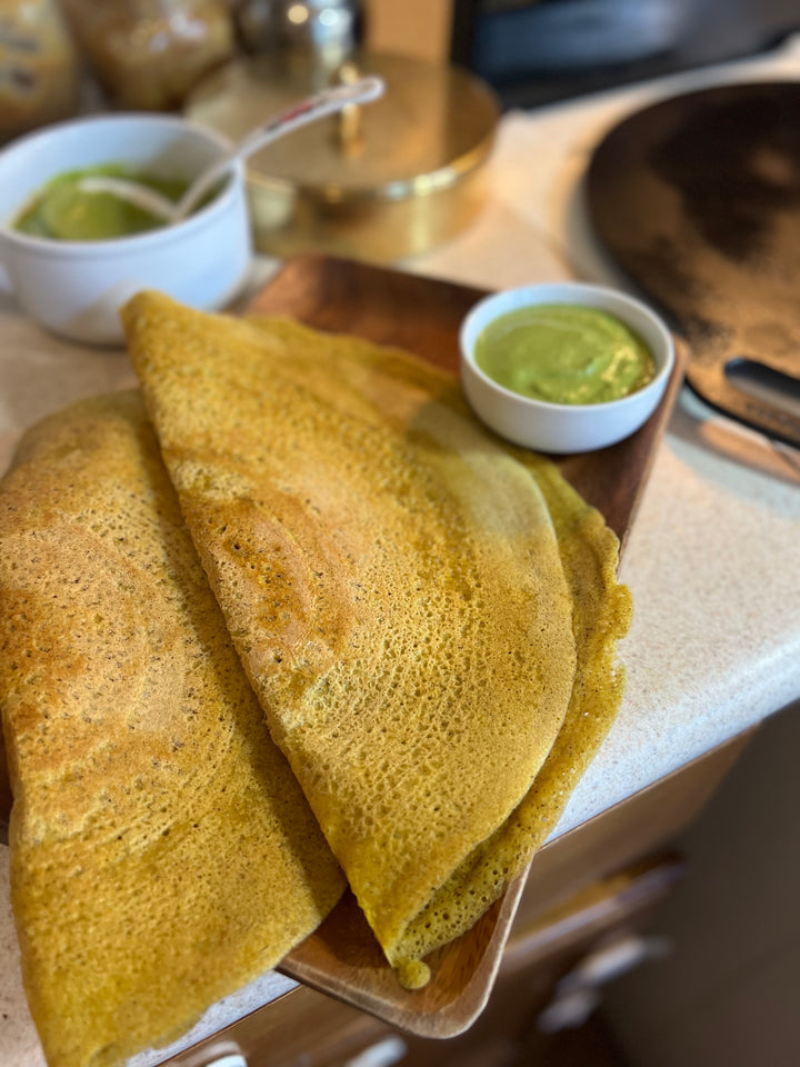 Moongdal Flaxseed Dosa with Mint Curry Leaves Chutney
